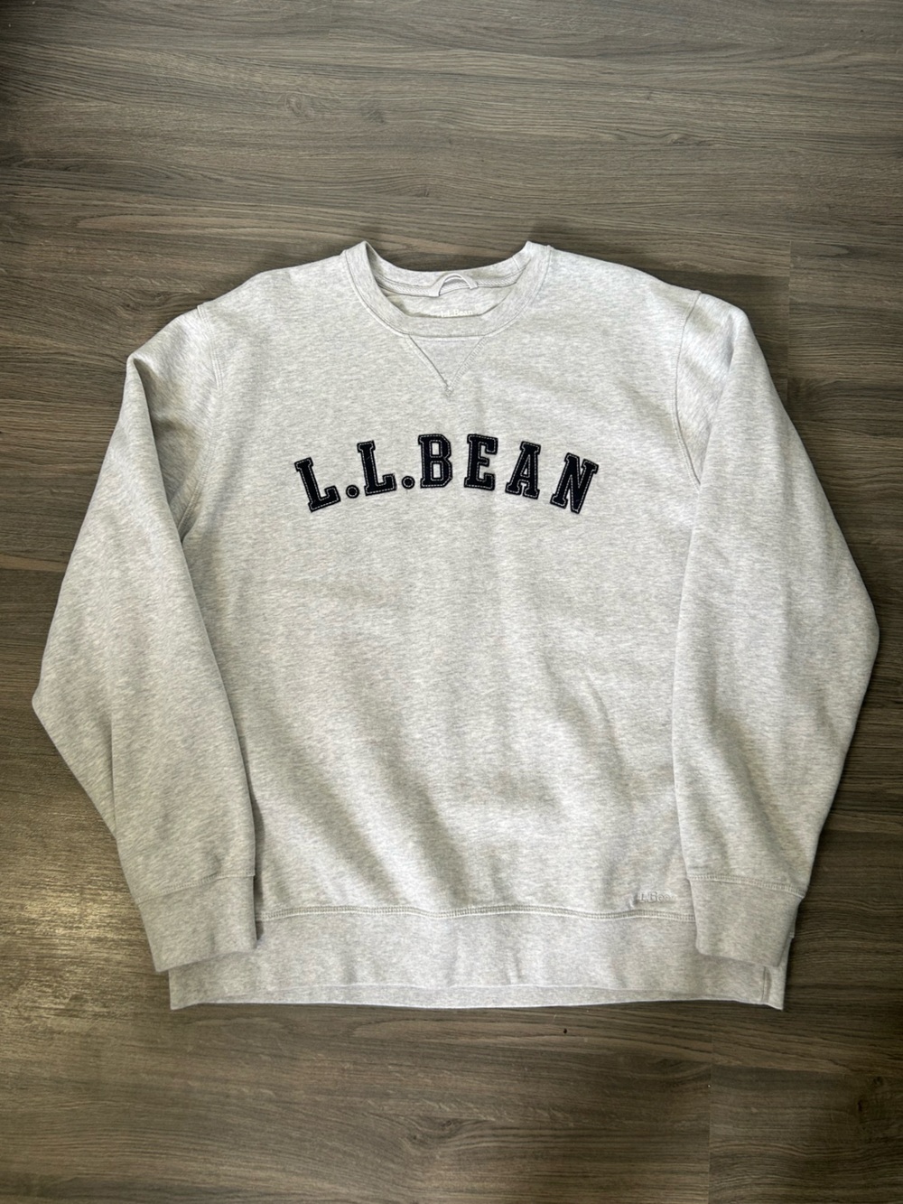 L.L. Bean Light Gray Crewneck Sweatshirt with Spellout Patch Embroidered Logo